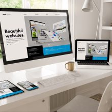 home office desktop showing web design creator 3d rendering